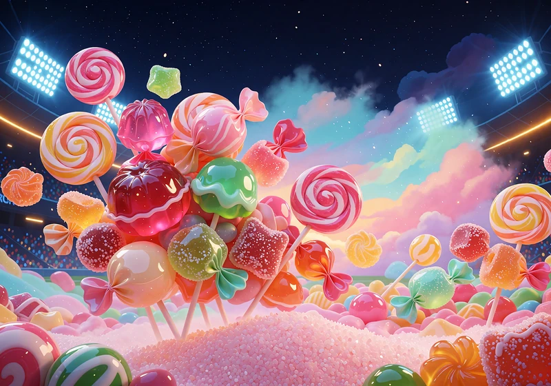 Grafika slotu Sugar Rush 1000: błyszczące żelki, lizaki i cukierki na pastelowym niebie