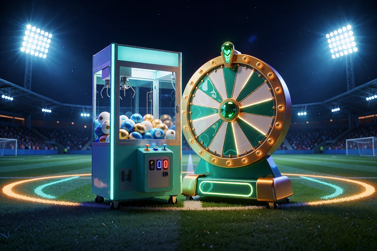 Automat z chwytakiem Bonus Crab pełen piłek i złote koło fortuny przy oświetlonym boisku